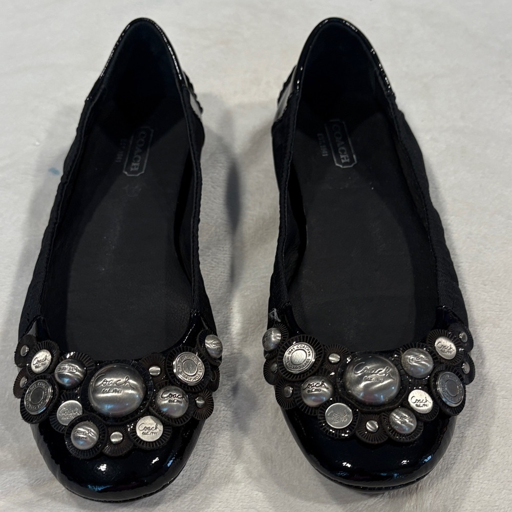 COACH "Venus" Black Canvas & Patent Leather Embellished Ballet Flats Sz 7